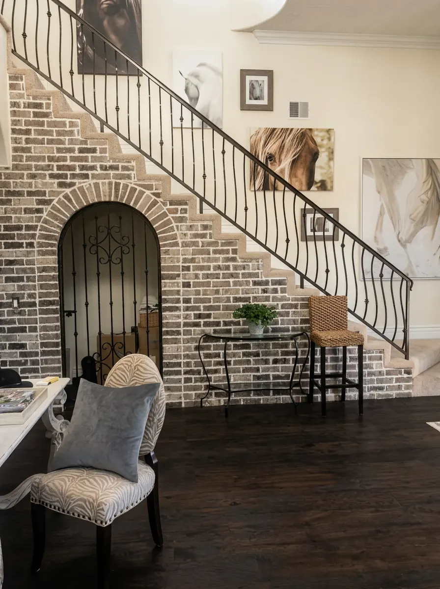 Entryway staircase with brick facade, iron railing and dark wood flooring