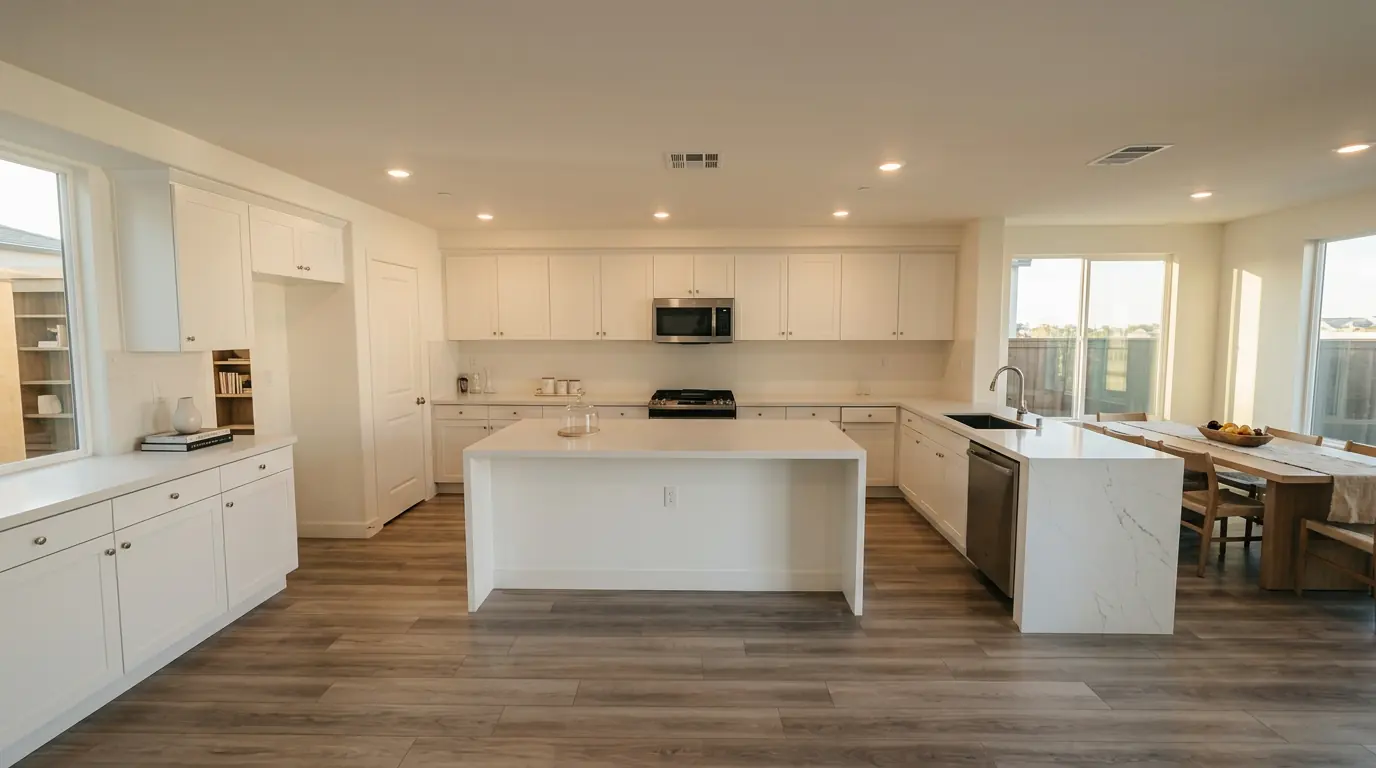 Remodeled residential kitchen with white oak cabinetry and a quartz island