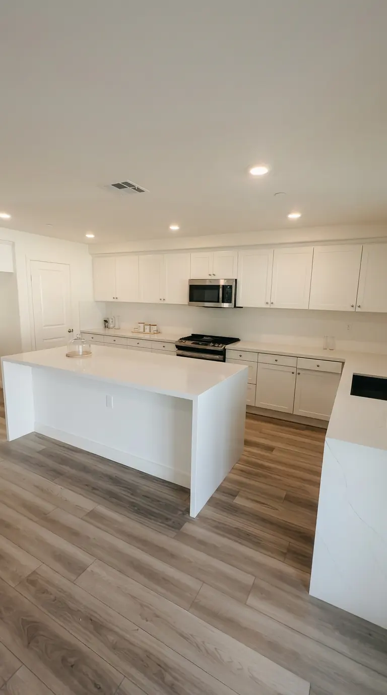 Kitchen remodel with white shaker cabinetry, quartz island and wood-look flooring